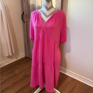 GAP Pink Cotton Gauze Tiered Dress Womens L Boho Beach Casual Summer